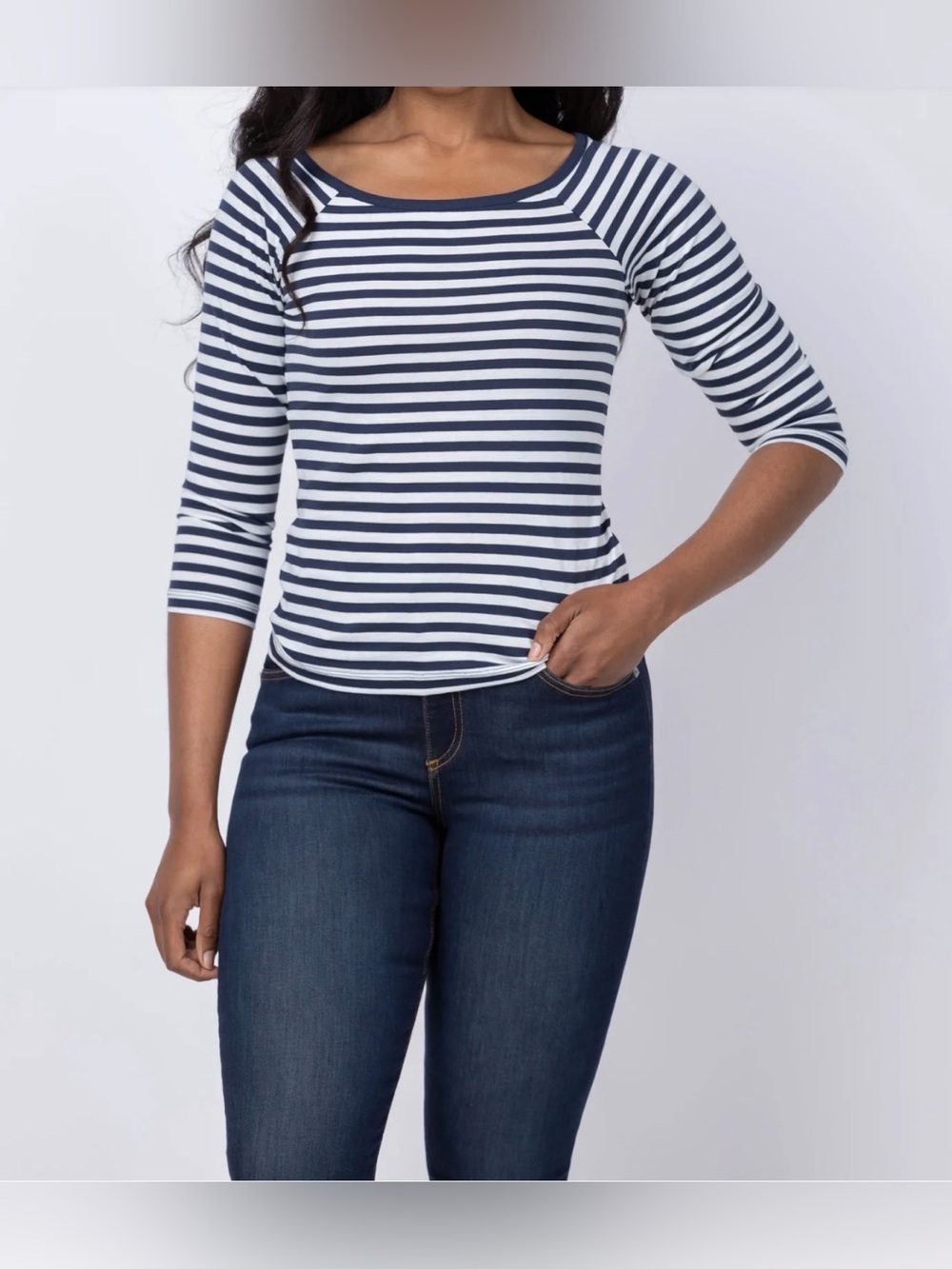 Nation LA Danika Navy & White Striped Three-Quarter Sleeve Top